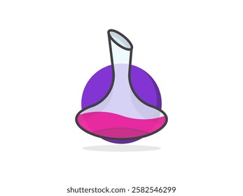 Illustration design of a decanter bottle filled with beverage liquid, transparent glass bottle with a slim neck and wide base, black outlined floating icon vector isolated round shape background