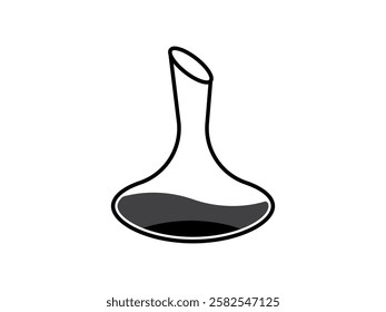 Illustration design of a decanter bottle filled with beverage liquid, transparent glass bottle with a narrow neck and a wide base, black and white icon vector isolated on white background