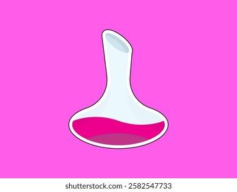 Illustration design of decanter bottle filled with beverage liquid, transparent glass bottle with narrow neck and wide base, vector icon in sticker style isolated on pink background