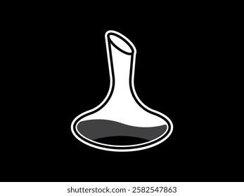 Illustration design of a decanter bottle filled with beverage liquid, transparent glass bottle with a narrow neck and a wide base, black and white sticker style icon vector on a black background