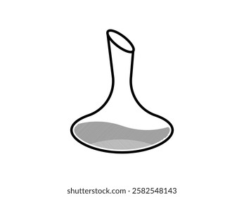 Illustration design of a decanter bottle filled with beverage liquid, transparent glass bottle with a narrow neck and a wide base, vector icon with black outline only isolated on white background