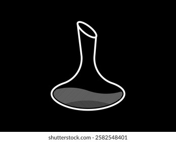 Illustration design of a decanter bottle filled with beverage liquid, transparent glass bottle with a narrow neck and a wide base, vector icon with white outline only isolated on black background