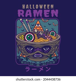 Illustration Design Of Delicious Japanese Ramen Noodle On Bowl With Halloween Mummy Vintage Flat Style. Good For Logo, Background, Tshirt, Banner