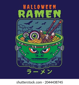 Illustration design of delicious japanese ramen noodle on bowl with halloween frankenstein vintage flat style. Good for logo, background, tshirt, banner