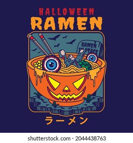 Illustration Design Of Delicious Japanese Ramen Noodle On Bowl With Halloween Pumpkin Vintage Flat Style. Good For Logo, Background, Tshirt, Banner