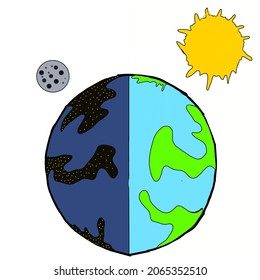 Illustration Design Of The Difference Between The Hemispheres At Night And Partly During The Day With The Sun's Day Light Source And The Moon's Night Light Source