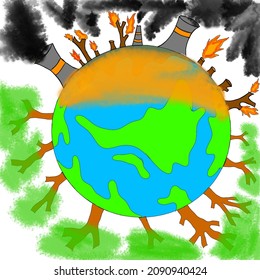 illustration design of the difference in the earth still overgrown with green trees with a beautiful atmosphere compared to the earth's surface damaged by forest fires and factory smoke