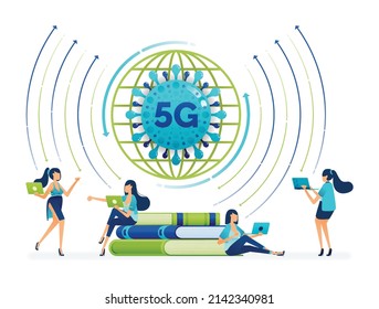 El diseño ilustrativo de los hábitos de estudio y educación interrumpidos hace la transición a un sistema de red de Internet integrado de 5g más rápido a la pandemia de covid 19. Se puede utilizar para tarjetas de visita, aplicaciones, banner, folleto