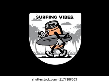 illustration design of a drink can holding a surfboard