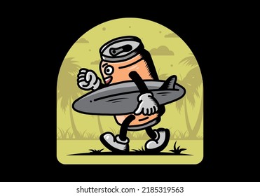 illustration design of a drink can holding a surfboard