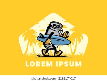illustration design of a drink can holding a surfboard