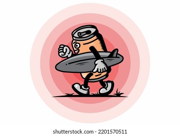 illustration design of a drink can holding a surfboard