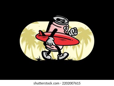 illustration design of a drink can holding a surfboard