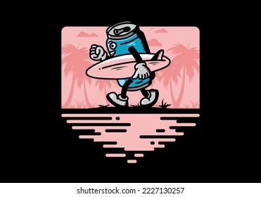 illustration design of a drink can holding a surfboard