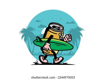 illustration design of a drink can holding a surfboard
