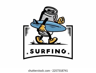 illustration design of a drink can holding a surfboard