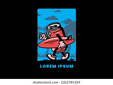 illustration design of a drink can holding a surfboard
