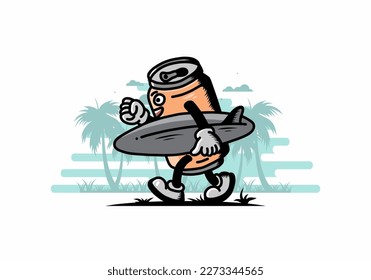 illustration design of a drink can holding a surfboard