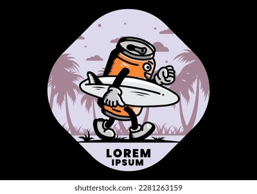 illustration design of a drink can holding a surfboard