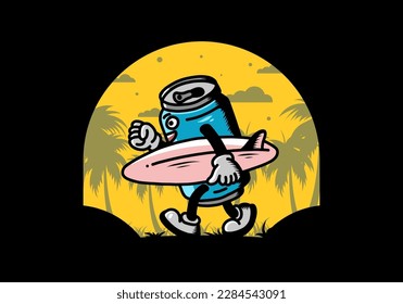 illustration design of a drink can holding a surfboard