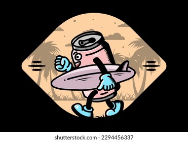 illustration design of a drink can holding a surfboard