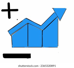 Ilustración diseño de indicación económica con flecha azul y mín negro más signo.