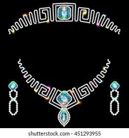 Illustration design element earrings necklaces and a crown of precious stones A as well as a logo element