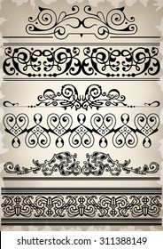 Illustration of design elements, dividers and borders on burnt paper background 