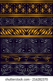 Illustration of design elements, dividers and floral ornaments in silver and golden colors 