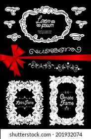 Illustration of design elements, ornate frames and bow in black, white and red colors