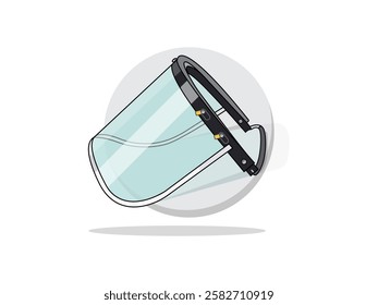 Illustration design of a face shield icon with a transparent plastic visor, protecting the face from external threats or hazardous exposure. A floating vector icon with a circular background