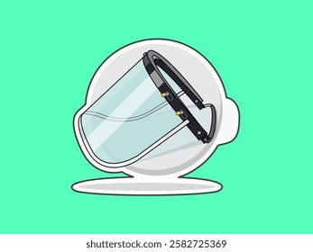 Illustration design of a face shield icon with a transparent visor, protecting the face from exposure to dangerous substances, sticker style vector with black outline on a green background