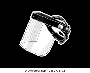 Illustration design of a face shield icon with adjustable size, has a clear transparent visor and a frame with a foam layer, vector icon with black and white sticker style on a black background