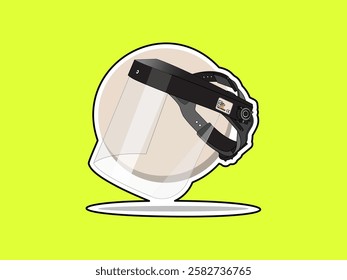 Illustration design of a face shield icon with adjustable size, has a clear transparent visor and a frame with a foam layer, vector icon with black outline sticker style on a yellow background