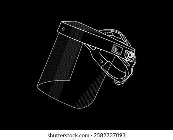 Illustration design of face shield icon with adjustable size, has transparent clear visor and frame part with foam lining, vector icon with white outline only on black background