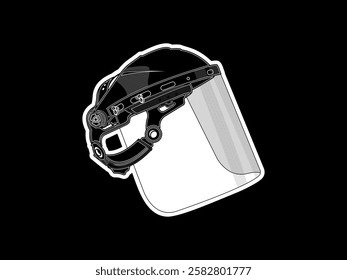 Illustration design of face shield icon with, with face visor, safety equipment to protect face and head area, vector icon with black and white sticker style on black background