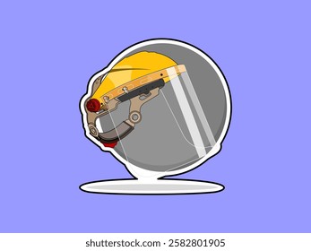 Illustration design of face shield icon with, with face visor, safety equipment to protect face and head area, vector icon with black outline sticker style on blue background