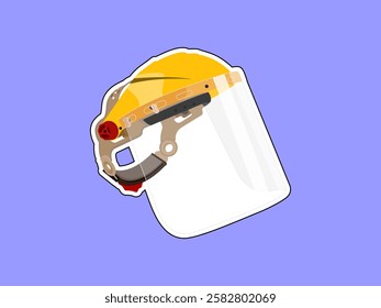 Illustration design of face shield icon with, with face visor, safety equipment to protect face and head area, realistic icon vector with sticker style on blue background