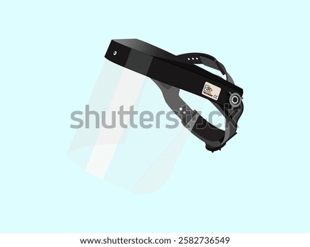 Illustration design of a face shield icon with adjustable size, having a clear transparent visor and a frame part with a foam layer, realistic icon vector on a soft blue background