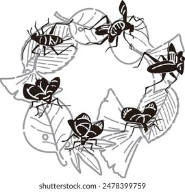 Illustration design of fallen leaves and bell insects inspired by autumn (black)