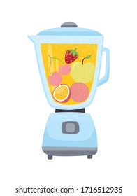 Illustration for design fast food menu.Organic raw strawberry, passion fruit, plum and apple shake. Food processor, mixer, blender and fruit. Vector smoothie illustration.