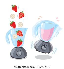 Illustration for design fast food menu.Organic raw strawberry and banana shake. Food processor, mixer, blender and fruit. Hand drawn illustration.