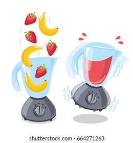 Illustration for design fast food menu.Organic raw strawberry and banana shake. Food processor, mixer, blender and fruit. Vector smoothie illustration.