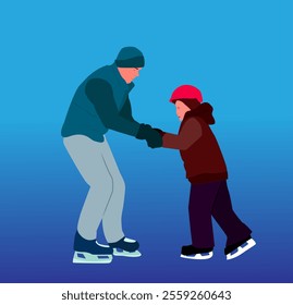 illustration design of father training his son to play ice skating, blue gradient background, isolated on white background