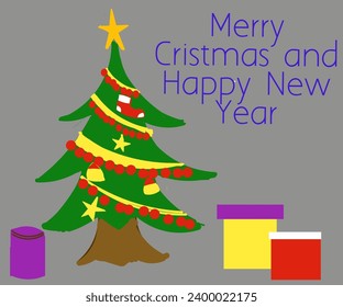Illustration design of fir trees, ornaments and gift boxes with Christmas and New Year greetings