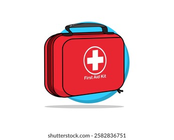 Illustration design of a first aid bag, square shape has a handle with a health logo in the middle, to store first aid emergency equipment, vector icon isolated on round background