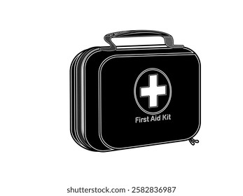 Illustration design of a first aid bag, square shape has a handle with a health logo in the middle, to store emergency first aid equipment, vector icon realistic black and white style