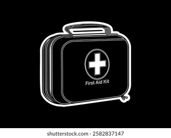 Illustration design of first aid bag, square shape has a handle with health logo in the middle, to store first aid emergency equipment, black and white sticker style icon vector on black background