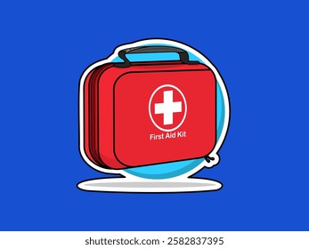 Illustration design of first aid bag, square shaped has a handle with health logo in the middle, to store first aid emergency supplies, black outline sticker style icon vector on blue background