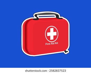 Illustration design of first aid bag, square shape has a handle with health logo in the middle, to store first aid emergency equipment, realistic icon vector in sticker style on blue background